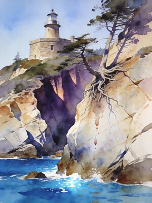 Pebble Beach Bird Rock Sunset Watercolor Canvas Print