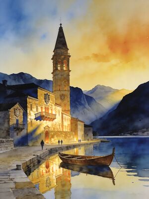 Perast Baroque Palaces on Bay of Kotor Watercolor Canvas Print
