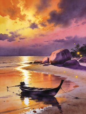 Perhentian Islands Golden Sunset Coast Watercolor Canvas Print