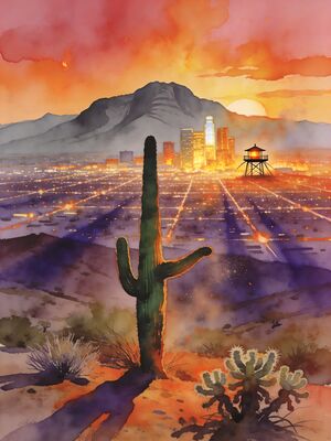 Phoenix Cityscape Night Glow Watercolor Canvas Print