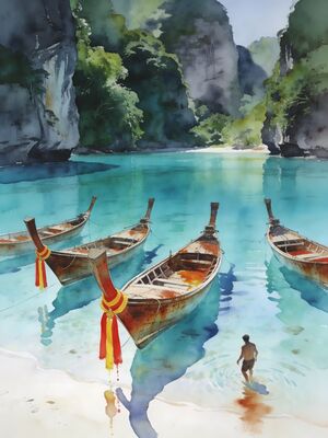 Phuket Longtail Boats in Turquoise Bay Watercolor Canvas Print