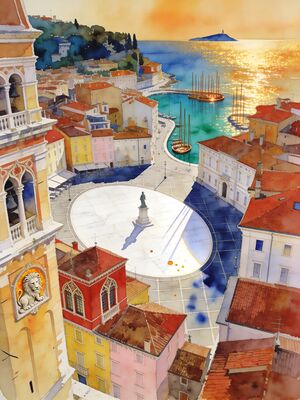 Piran Tartini Square and Venetian Harbour Watercolor Canvas Print