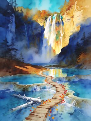 Plitvice Lakes Dawn from Viewpoint Watercolor Canvas Print