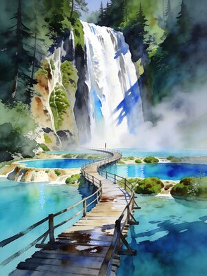 Plitvice Lakes Veliki Slap Great Waterfall Watercolor Canvas Print