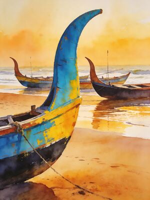 Pondicherry Serenity Beach Fishermen Watercolor Canvas Print