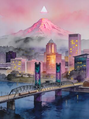 Portland Main Boulevard Street Scene Watercolor Canvas Print