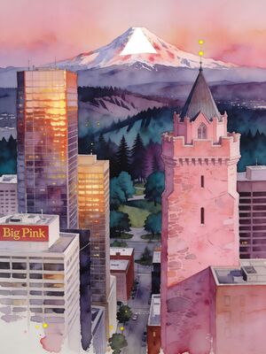 Portland Cityscape Night Glow Watercolor Canvas Print