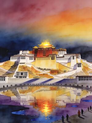 Potala Palace Fortress at Sunrise Watercolor Canvas Print