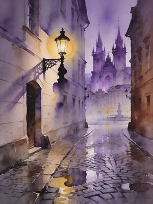 Prague Charles Bridge over the Vltava at Dusk Watercolor Painting — Watercolor Canvas