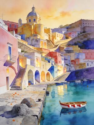 Procida Marina Corricella Pastel Cascade Watercolor Canvas Print