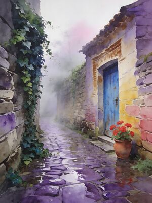 Provence Village Square Watercolor Canvas Print