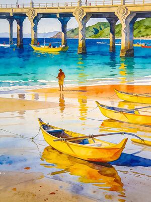 Puerto Vallarta Fishing Boats Bay Watercolor Canvas Print
