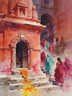 Pushkar Lake Ghats Watercolor Canvas Print