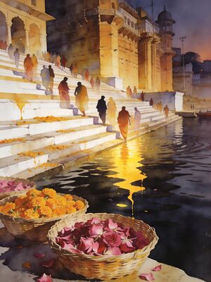 Pushkar Rose Garden Village Watercolor Canvas Print