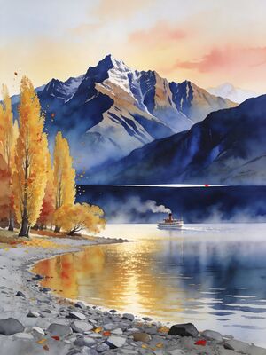 Queenstown Remarkables over Lake Wakatipu Watercolor Canvas Print