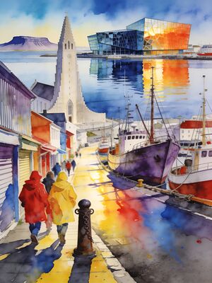 Reykjavik Hallgrimskirkja Church Plaza Watercolor Canvas Print