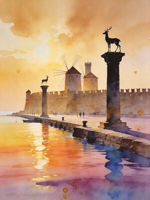 Rhodes Old Port Fortress Watercolor Canvas Print