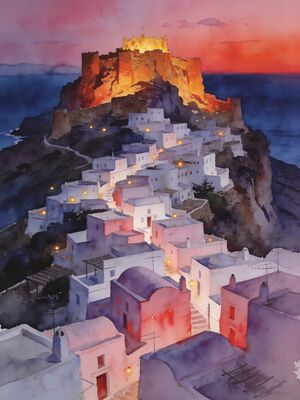 Rhodes Sunset Coast Lindos Watercolor Canvas Print