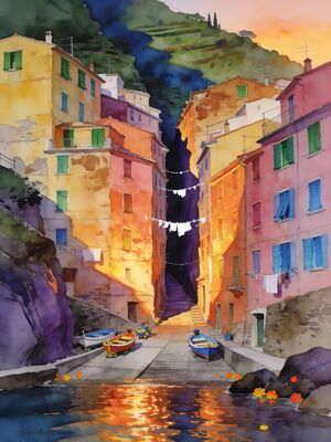 Riomaggiore Painted Houses Cliff Watercolor Canvas Print