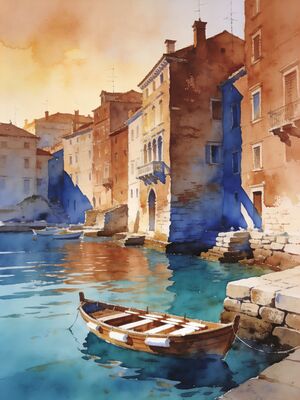 Rovinj Church Tower above Colorful Harbor Watercolor Canvas Print