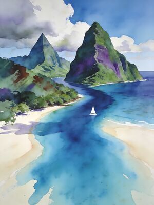 Saint Lucia Pitons Bay View Watercolor Canvas Print