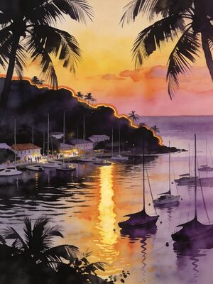 Saint Lucia Marigot Bay Sunset Watercolor Canvas Print