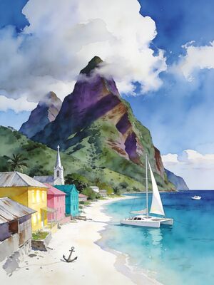 Saint Lucia Soufriere Village Pitons Watercolor Canvas Print