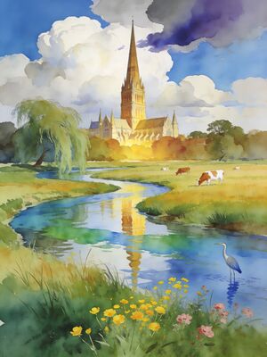 Salisbury Cathedral from Water Meadows Watercolor Canvas Print
