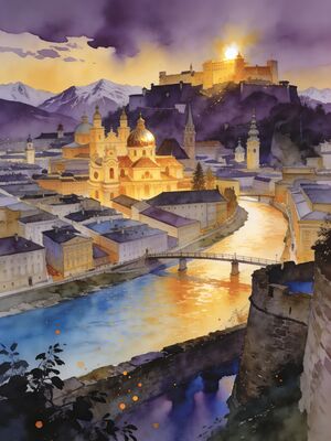 Salzburg Old Town Kapuzinerberg View Watercolor Canvas Print