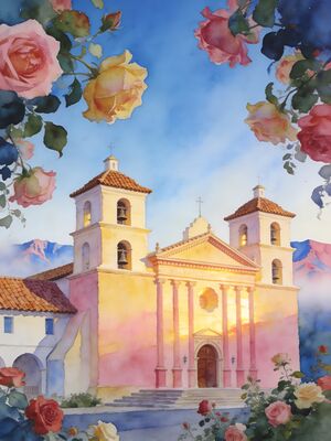 Santa Barbara Mission Rose Garden Watercolor Canvas Print