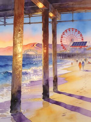 Santa Monica Pier Ferris Wheel Watercolor Canvas Print