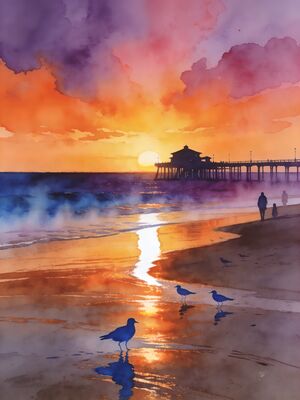 Santa Monica Sunset Shore Watercolor Canvas Print