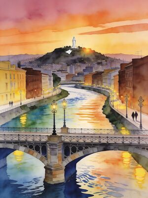 Santiago Main Boulevard Street Scene Watercolor Canvas Print