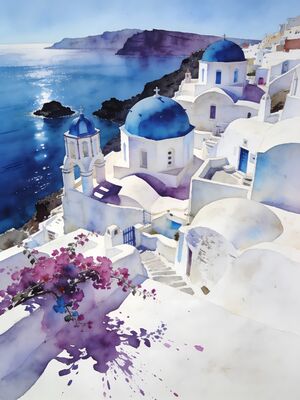 Santorini Oia Blue Domes Caldera Watercolor Canvas Print