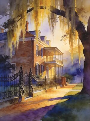 Savannah Georgia Factor's Walk at Dusk Watercolor Canvas Print