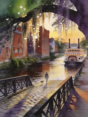 Savannah River Street at Dusk Watercolor Canvas Print