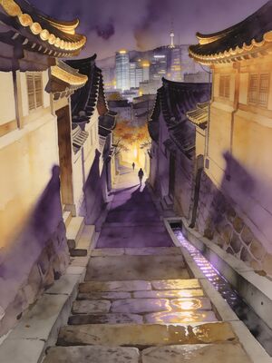 Seoul Bukchon Hanok Village at Sunset Watercolor Canvas Print