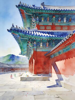 Seoul Gyeongbokgung Palace Courtyard Watercolor Canvas Print