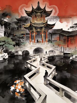 Shanghai Yuyuan Garden Zigzag Bridge Watercolor Canvas Print