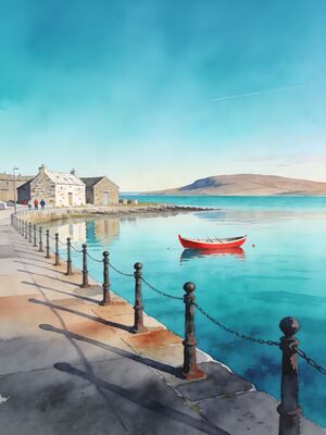 Shetland Islands Harbor with Boats Watercolor Canvas Print