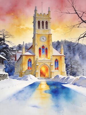 Shimla Mall Road Colonial Watercolor Canvas Print
