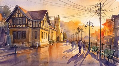 Mall Road Colonial Watercolor Canvas Print