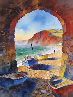 Sidmouth Fishing Boats in Sheltered Bay Watercolor Canvas Print