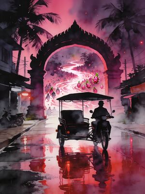 Siem Reap Pub Street Night Market Scene Watercolor Canvas Print