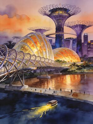 Singapore Marina Bay Sands at Sunset Watercolor Canvas Print