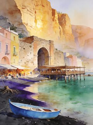 Sorrento Harbor View Watercolor Canvas Print