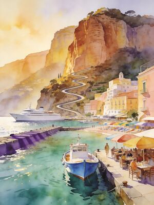 Sorrento Sunset Shore Watercolor Canvas Print