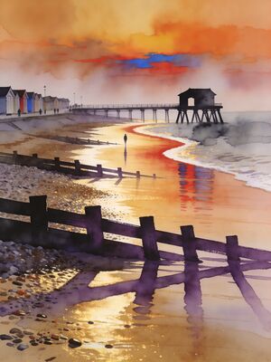 Southwold Sunset Shore Watercolor Canvas Print