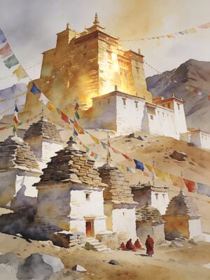 Spiti Valley River Panorama Watercolor Canvas Print