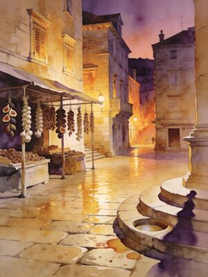 Split Riva Promenade Harbor at Sunset Watercolor Painting — Watercolor Canvas